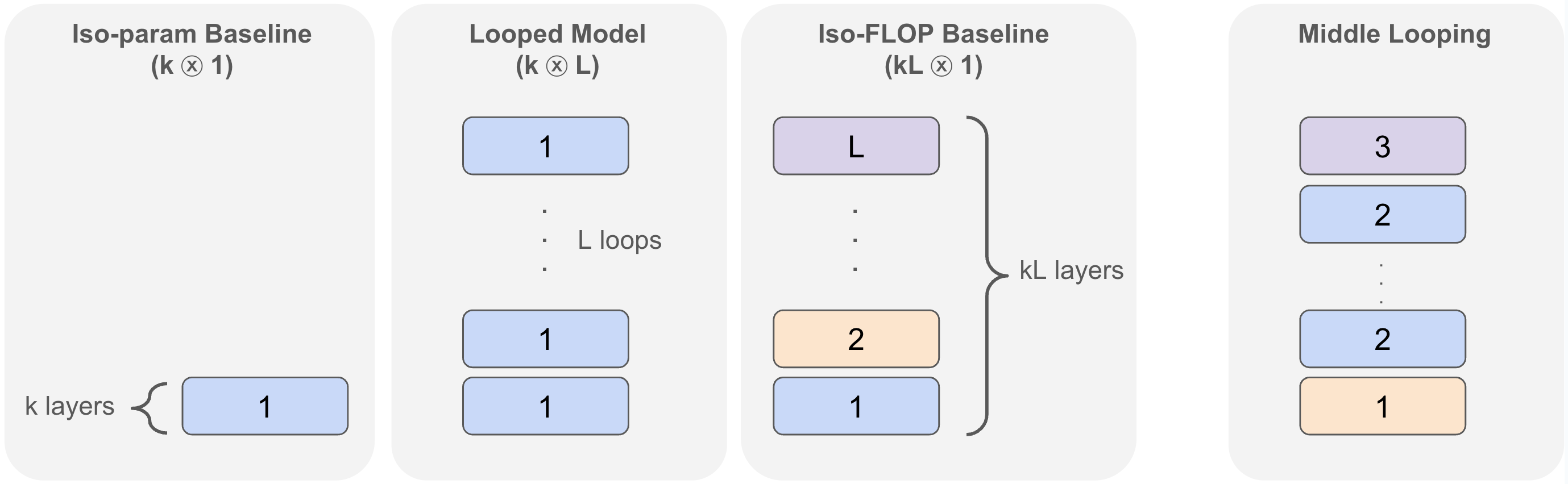 Four looping configurations: iso-parameter baseline, looped model, iso-FLOP baseline, and middle looping.